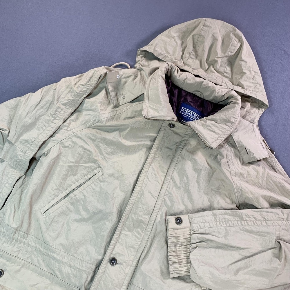 Lands End Parka Coat Men LG Beige Hooded Nylon Quilt Insulated Outdoor Pockets